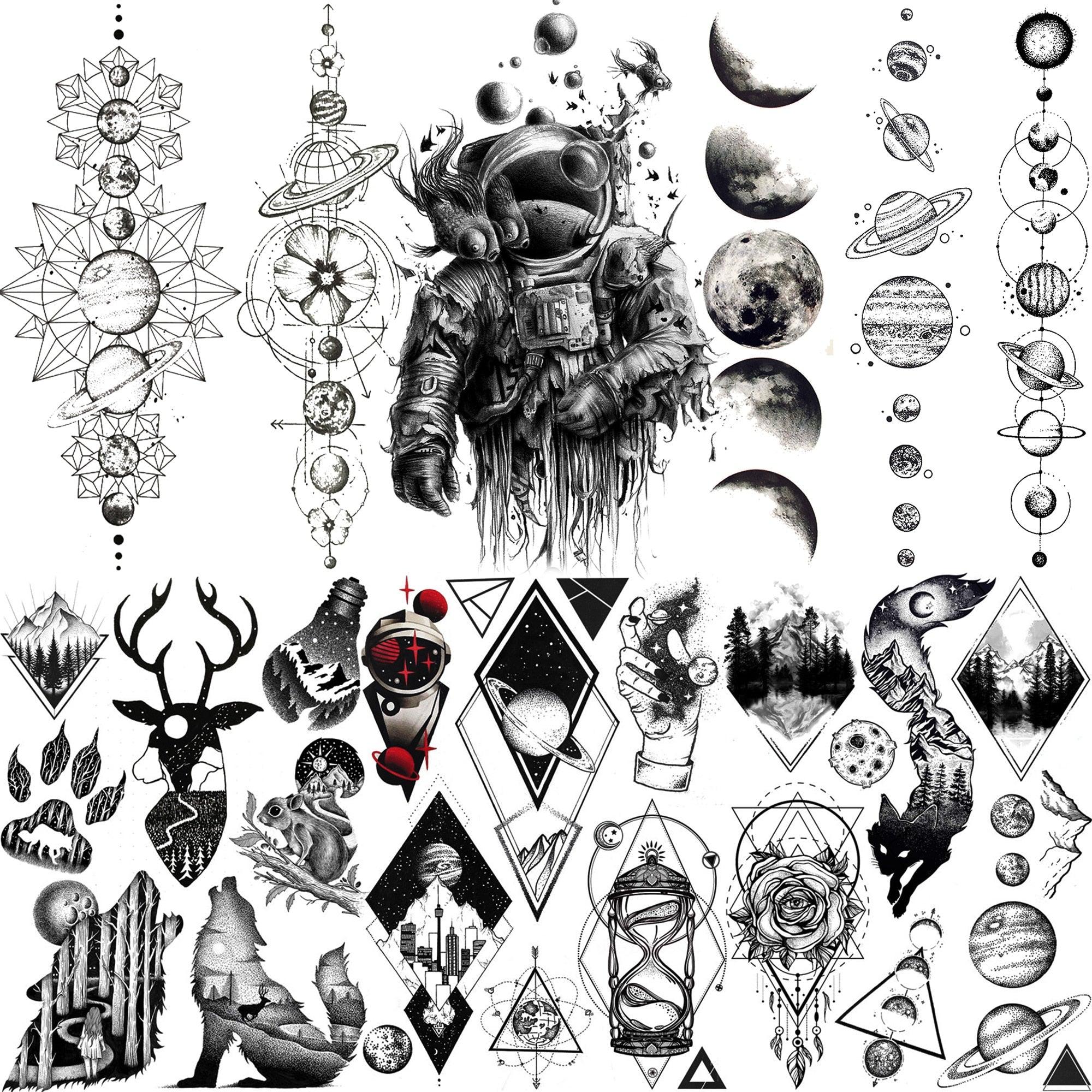 Realistic Black Temporary Small Big Tattoos Space Planets Animals Tatoos Waterproof  Face Hands Tattoos For Girls Mens Stevvex