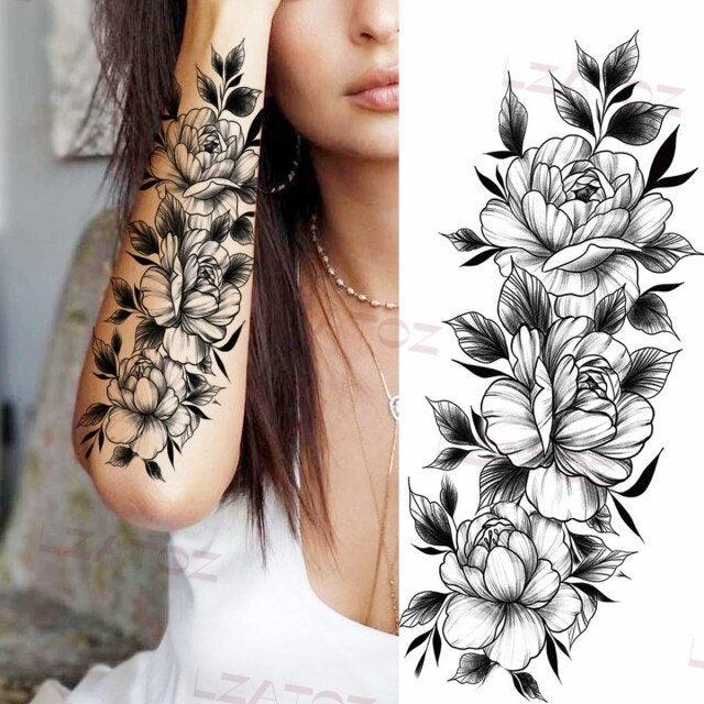 Realistic Sketches Black Flowers Temporary Waterproof Flower Tattoos Modern Body Arm Drawing For Womens Stevvex