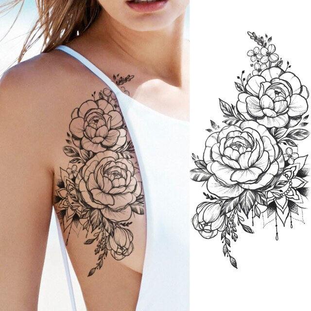 Realistic Sketches Black Flowers Temporary Waterproof Flower Tattoos Modern Body Arm Drawing For Womens Stevvex