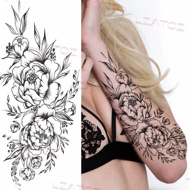 Realistic Sketches Black Flowers Temporary Waterproof Flower Tattoos Modern Body Arm Drawing For Womens Stevvex