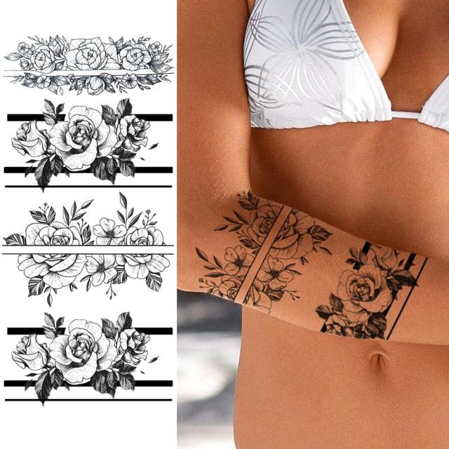 Realistic Sketches Black Flowers Temporary Waterproof Flower Tattoos Modern Body Arm Drawing For Womens Stevvex