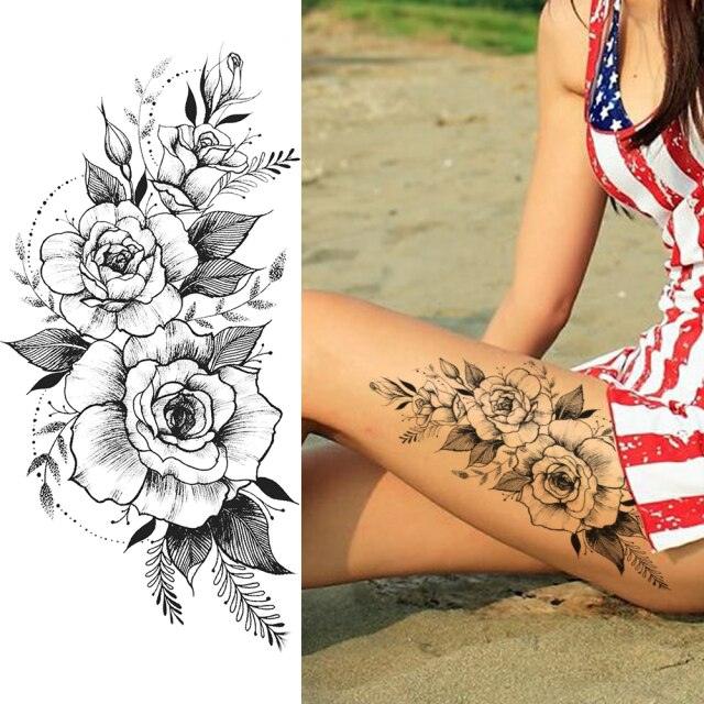 Realistic Sketches Black Flowers Temporary Waterproof Flower Tattoos Modern Body Arm Drawing For Womens Stevvex