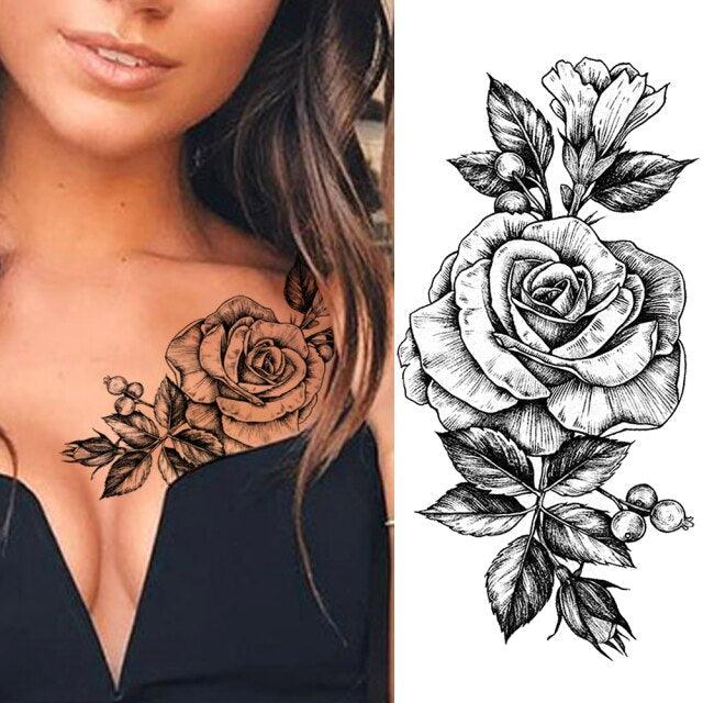 Realistic Sketches Black Flowers Temporary Waterproof Flower Tattoos Modern Body Arm Drawing For Womens Stevvex