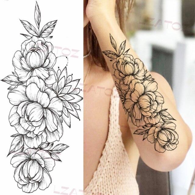 Realistic Sketches Black Flowers Temporary Waterproof Flower Tattoos Modern Body Arm Drawing For Womens Stevvex