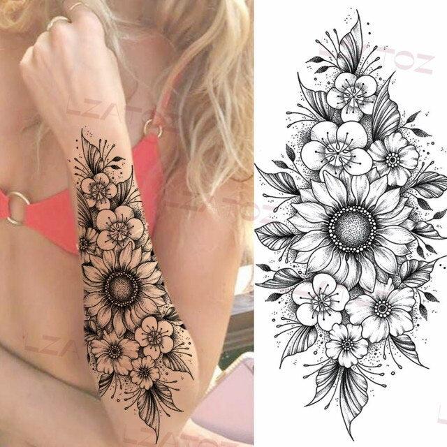 Realistic Sketches Black Flowers Temporary Waterproof Flower Tattoos Modern Body Arm Drawing For Womens Stevvex