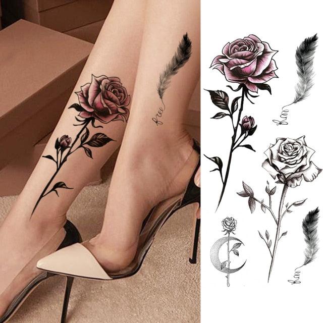 Realistic Sketches Black Flowers Temporary Waterproof Flower Tattoos Modern Body Arm Drawing For Womens Stevvex