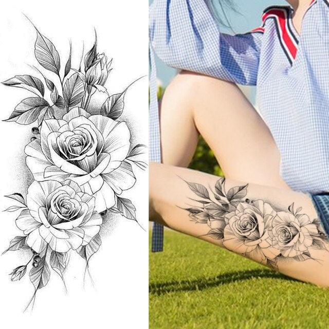 Realistic Sketches Black Flowers Temporary Waterproof Flower Tattoos Modern Body Arm Drawing For Womens Stevvex