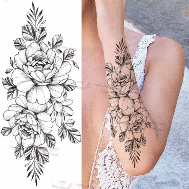 Realistic Sketches Black Flowers Temporary Waterproof Flower Tattoos Modern Body Arm Drawing For Womens Stevvex