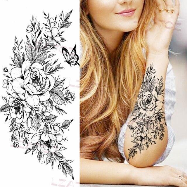 Realistic Sketches Black Flowers Temporary Waterproof Flower Tattoos Modern Body Arm Drawing For Womens Stevvex