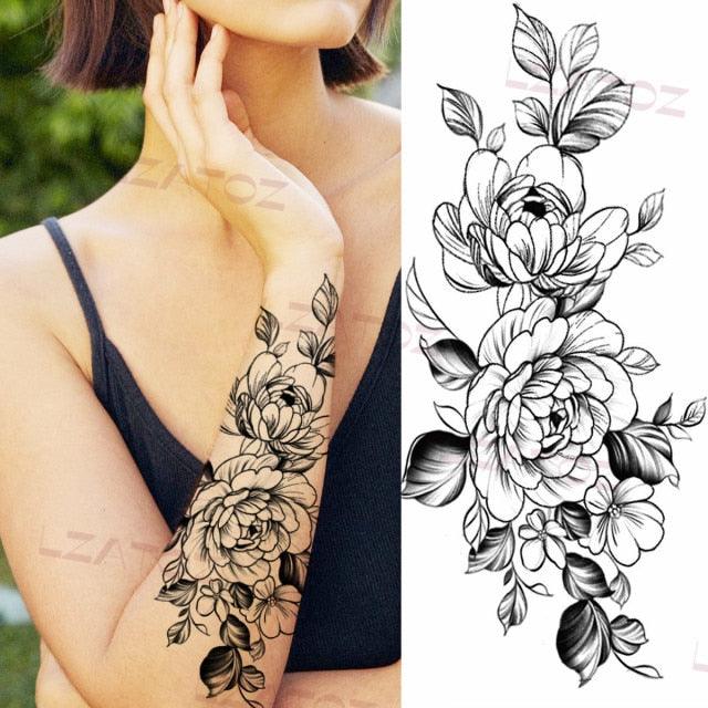 Realistic Sketches Black Flowers Temporary Waterproof Flower Tattoos Modern Body Arm Drawing For Womens Stevvex