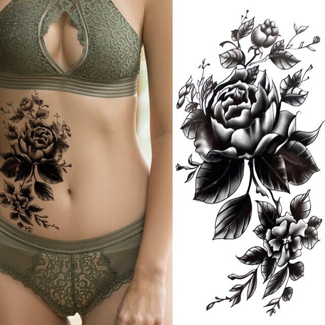 Realistic Sketches Black Flowers Temporary Waterproof Flower Tattoos Modern Body Arm Drawing For Womens Stevvex
