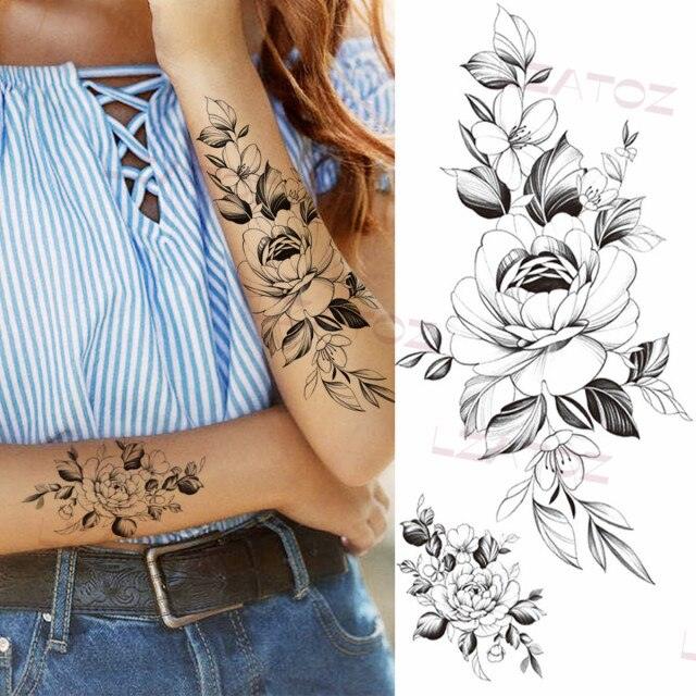Realistic Sketches Black Flowers Temporary Waterproof Flower Tattoos Modern Body Arm Drawing For Womens Stevvex