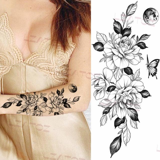 Realistic Sketches Black Flowers Temporary Waterproof Flower Tattoos Modern Body Arm Drawing For Womens Stevvex