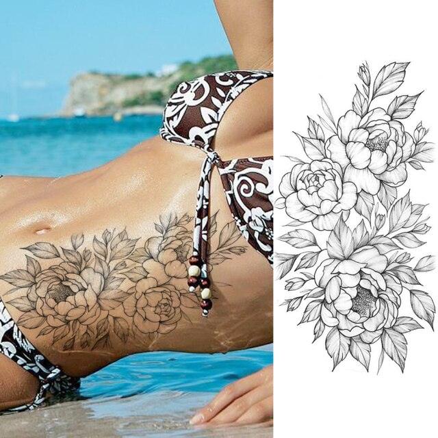Realistic Sketches Black Flowers Temporary Waterproof Flower Tattoos Modern Body Arm Drawing For Womens Stevvex