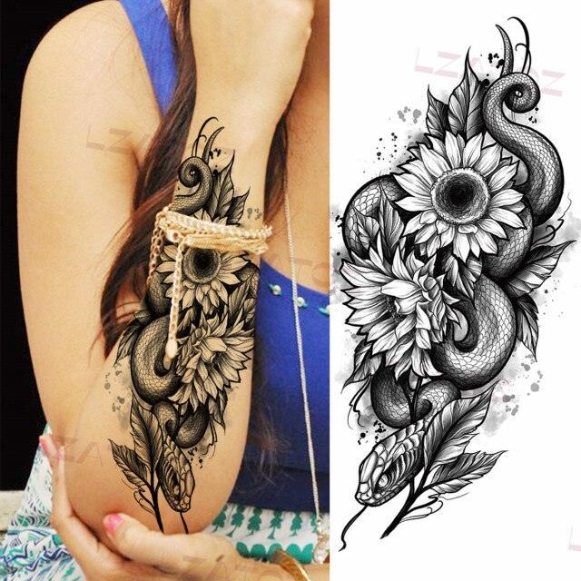 Realistic Sketches Black Flowers Temporary Waterproof Flower Tattoos Modern Body Arm Drawing For Womens Stevvex