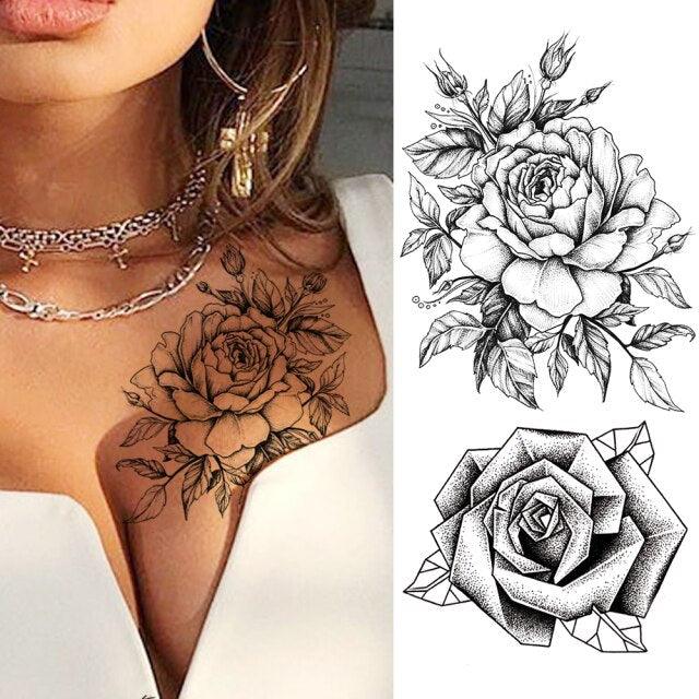 Realistic Sketches Black Flowers Temporary Waterproof Flower Tattoos Modern Body Arm Drawing For Womens Stevvex