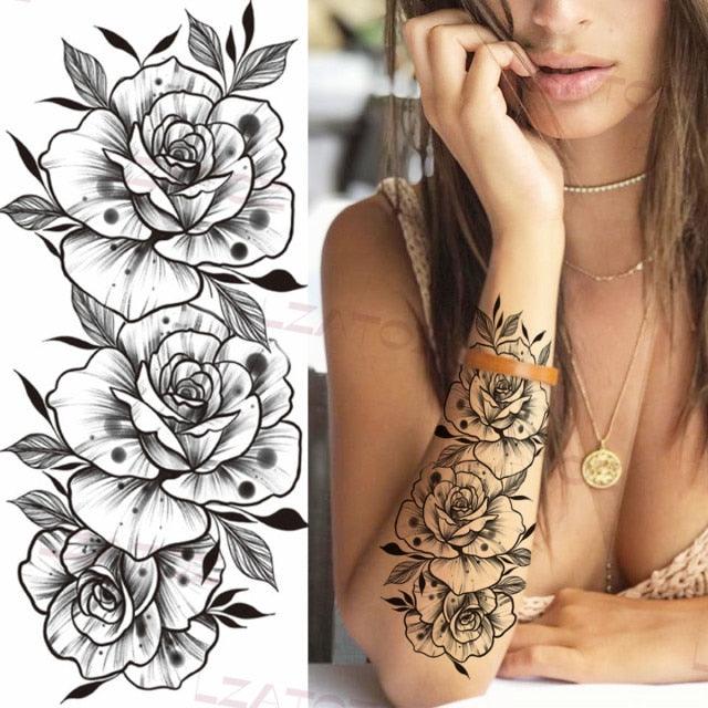 Realistic Sketches Black Flowers Temporary Waterproof Flower Tattoos Modern Body Arm Drawing For Womens Stevvex