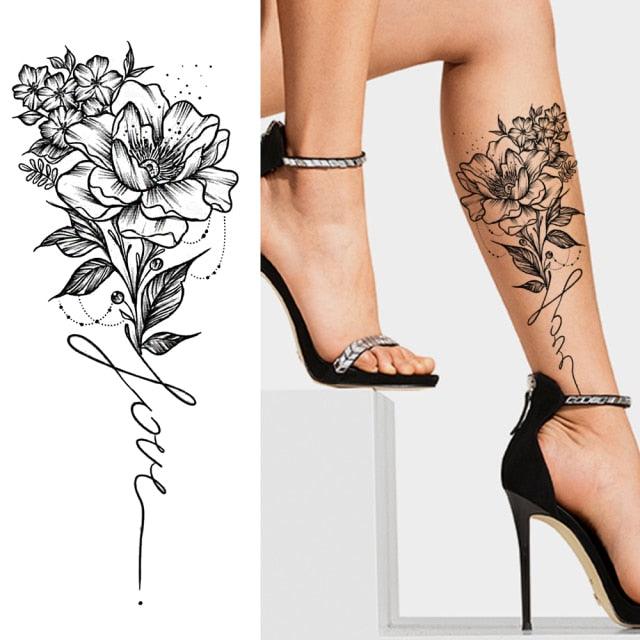 Realistic Sketches Black Flowers Temporary Waterproof Flower Tattoos Modern Body Arm Drawing For Womens Stevvex