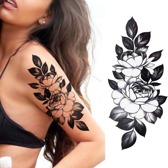 Realistic Sketches Black Flowers Temporary Waterproof Flower Tattoos Modern Body Arm Drawing For Womens Stevvex