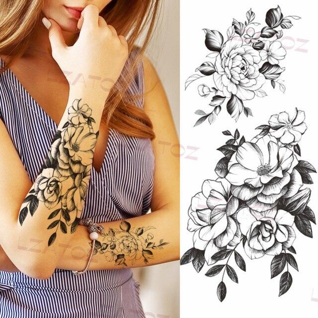 Realistic Sketches Black Flowers Temporary Waterproof Flower Tattoos Modern Body Arm Drawing For Womens Stevvex