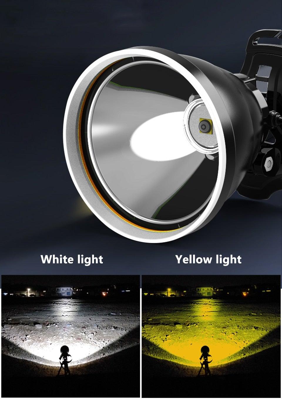 Rechargeable Adjustable Headlamp, Zoom/Waterproof LED White Yellow Color High Lumen Headlamp Flashlight Torch Power Bank For Adult Outdoor Camping Fishing Adventures Stevvex