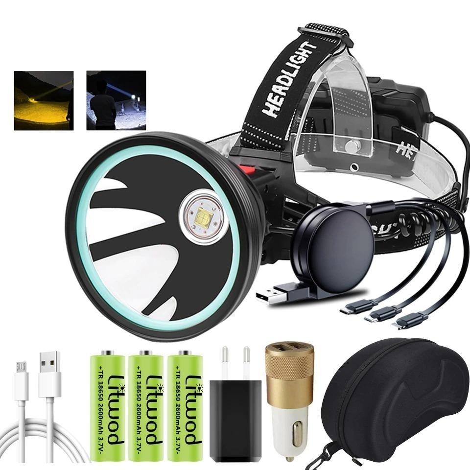 Rechargeable Adjustable Headlamp, Zoom/Waterproof LED White Yellow Color High Lumen Headlamp Flashlight Torch Power Bank For Adult Outdoor Camping Fishing Adventures Stevvex