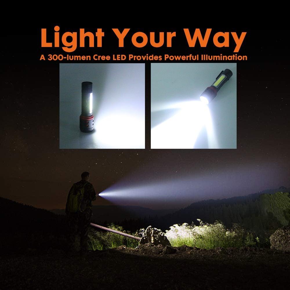 Rechargeable Adjustable LED Flashlight with Worklight Mini LED 4 Lighting Modes Flashlight with Water-Resistant COB Side Light Portable Zoomable  High Lumens Lamp For Camping Hiking Stevvex