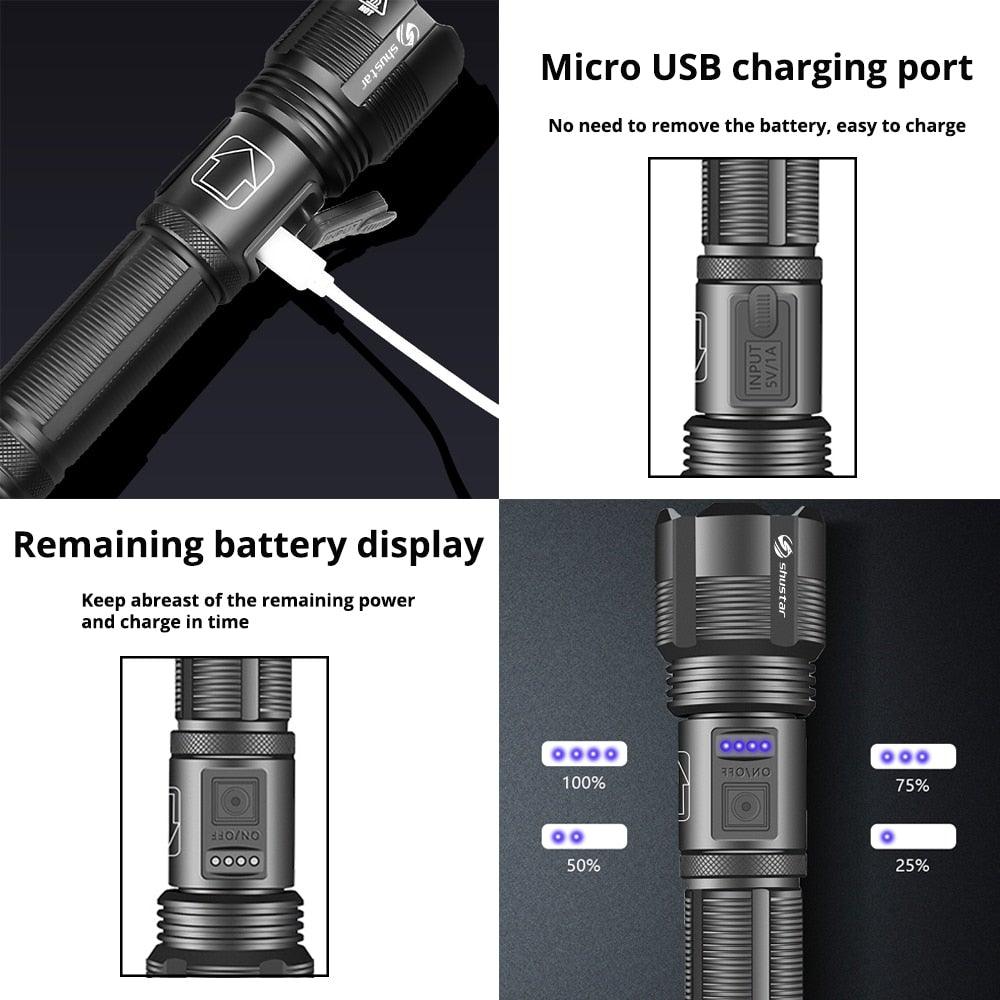 Rechargeable Adjustable Led Flashlights With High Lumen With Battery Display Super Bright Waterproof Flashlight  5 Lighting Modes For Adventure Hiking Camping Hunting New Design Stevvex