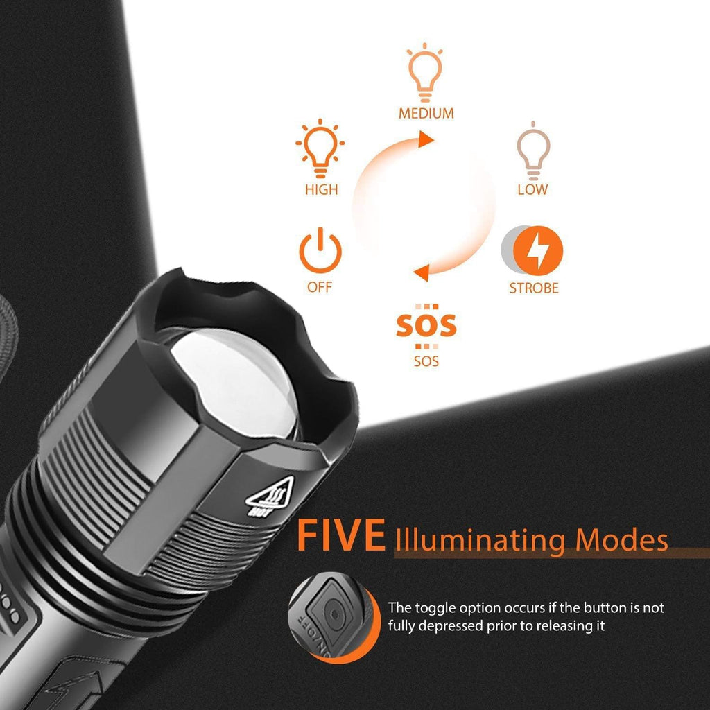 Rechargeable Adjustable Led Flashlights With High Lumen With Battery Display Super Bright Waterproof Flashlight  5 Lighting Modes For Adventure Hiking Camping Hunting New Design Stevvex