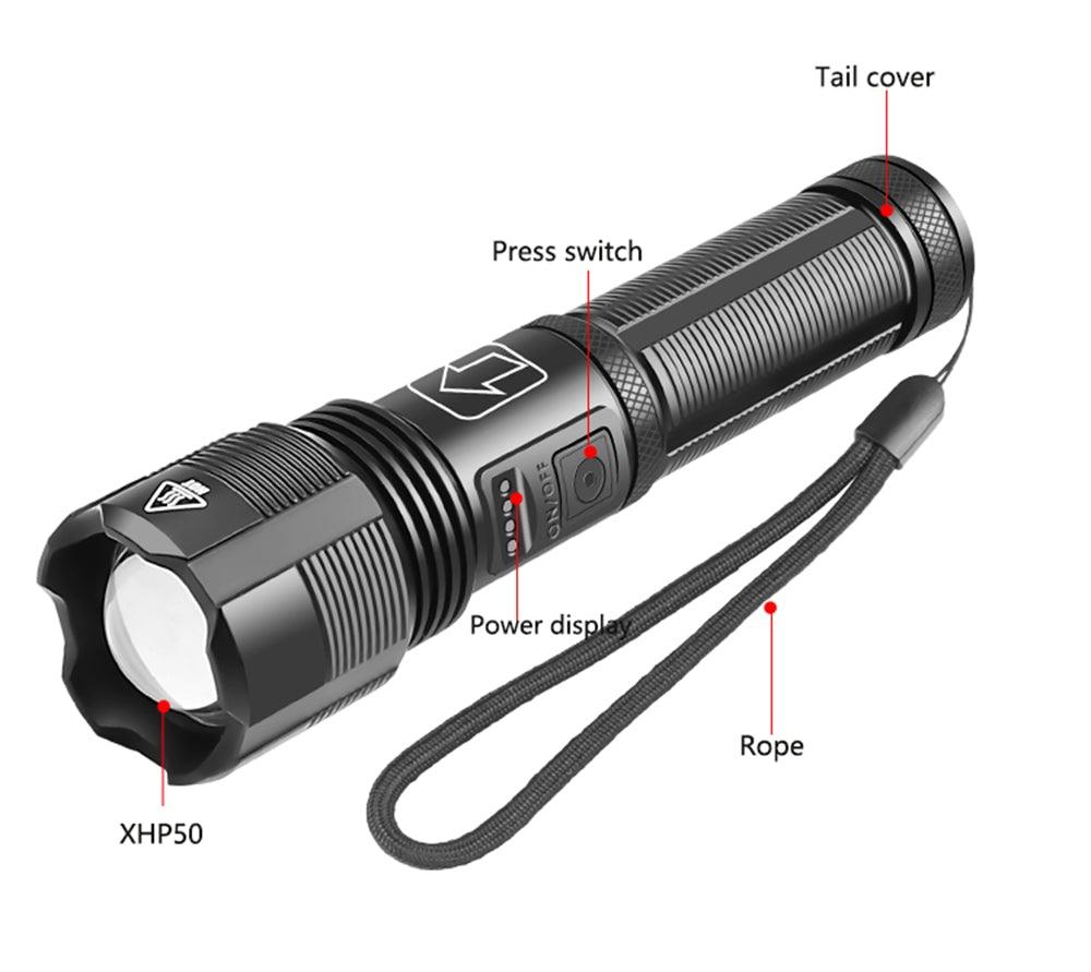 Rechargeable Adjustable Led Flashlights With High Lumen With Battery Display Super Bright Waterproof Flashlight  5 Lighting Modes For Adventure Hiking Camping Hunting New Design Stevvex
