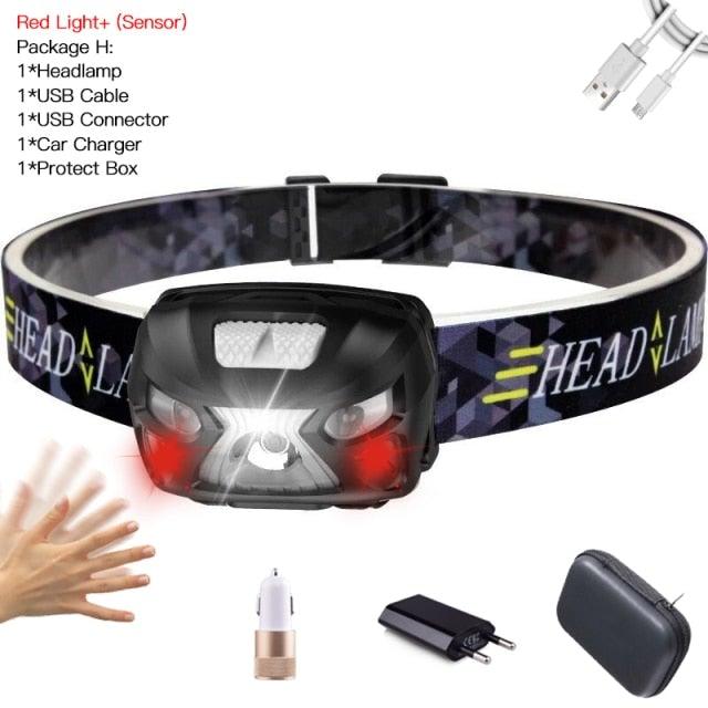Rechargeable Adjustable  LED USB Headlight Powerfull Elastic High Lumens Headband Headlamp Motion Sensor Flashlight For Adults Kids Running Camping Hiking Camping Stevvex