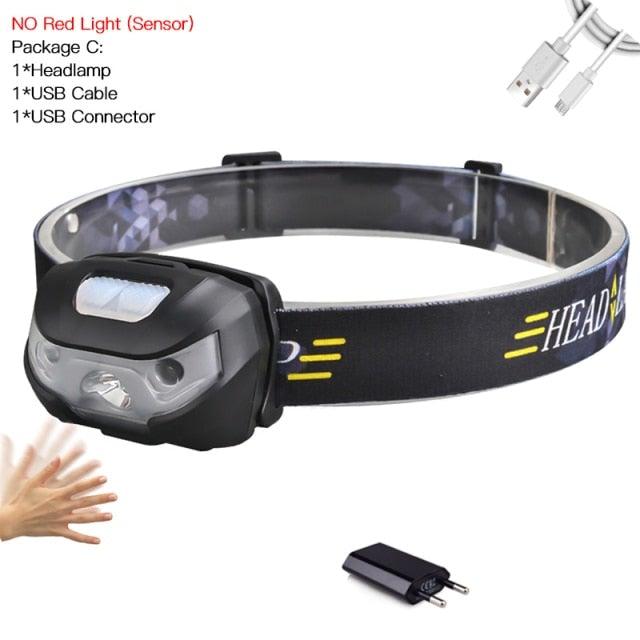 Rechargeable Adjustable  LED USB Headlight Powerfull Elastic High Lumens Headband Headlamp Motion Sensor Flashlight For Adults Kids Running Camping Hiking Camping Stevvex