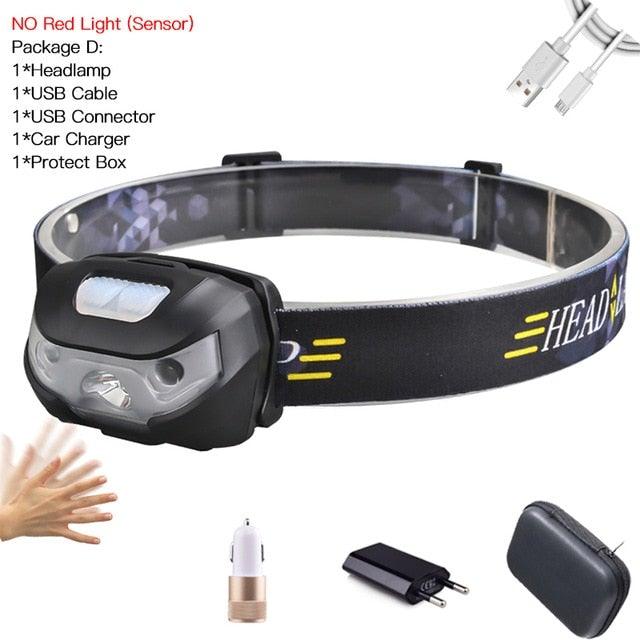 Rechargeable Adjustable  LED USB Headlight Powerfull Elastic High Lumens Headband Headlamp Motion Sensor Flashlight For Adults Kids Running Camping Hiking Camping Stevvex