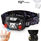 Rechargeable Adjustable  LED USB Headlight Powerfull Elastic High Lumens Headband Headlamp Motion Sensor Flashlight For Adults Kids Running Camping Hiking Camping Stevvex