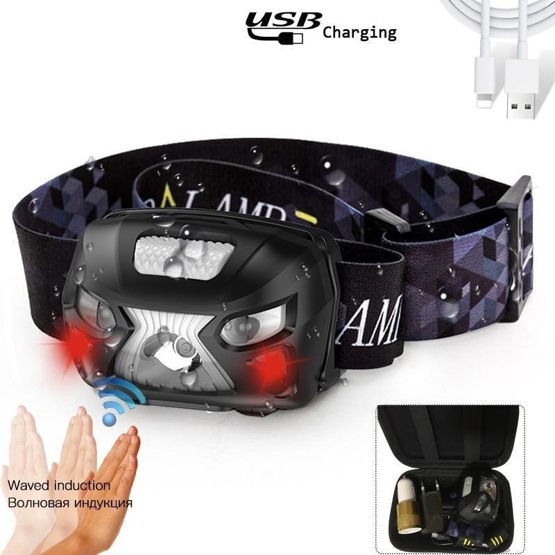 Rechargeable Adjustable  LED USB Headlight Powerfull Elastic High Lumens Headband Headlamp Motion Sensor Flashlight For Adults Kids Running Camping Hiking Camping Stevvex