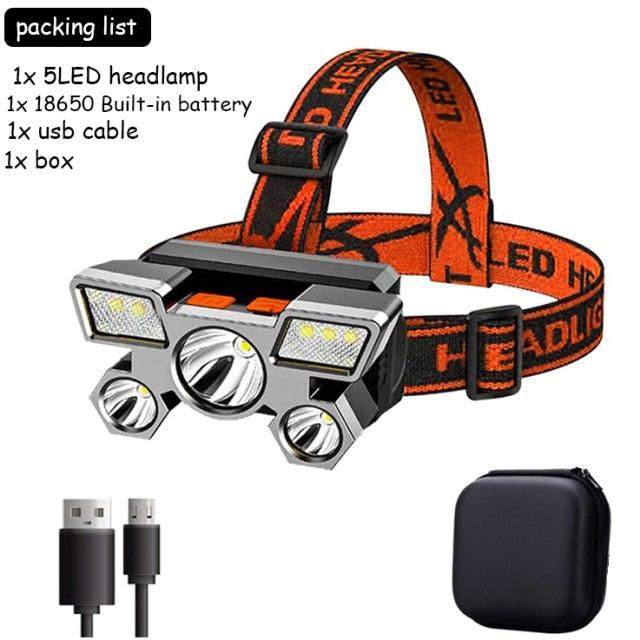 Rechargeable Adjustable  USB 5LED Headlamp with High Lumen Handsfree Waterproof Portable Ability Focusing Ring Headlight Flashlight  Torchlight For Outdoor  Camping Hiking Running Headlight Stevvex