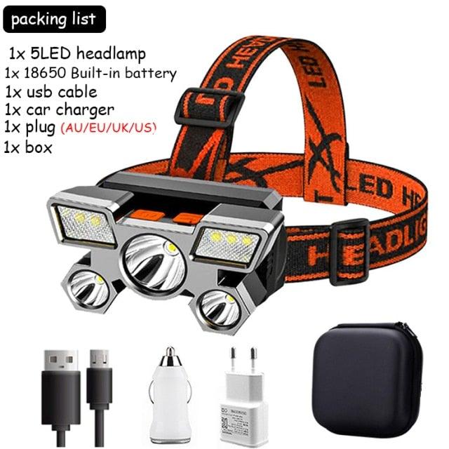 Rechargeable Adjustable  USB 5LED Headlamp with High Lumen Handsfree Waterproof Portable Ability Focusing Ring Headlight Flashlight  Torchlight For Outdoor  Camping Hiking Running Headlight Stevvex