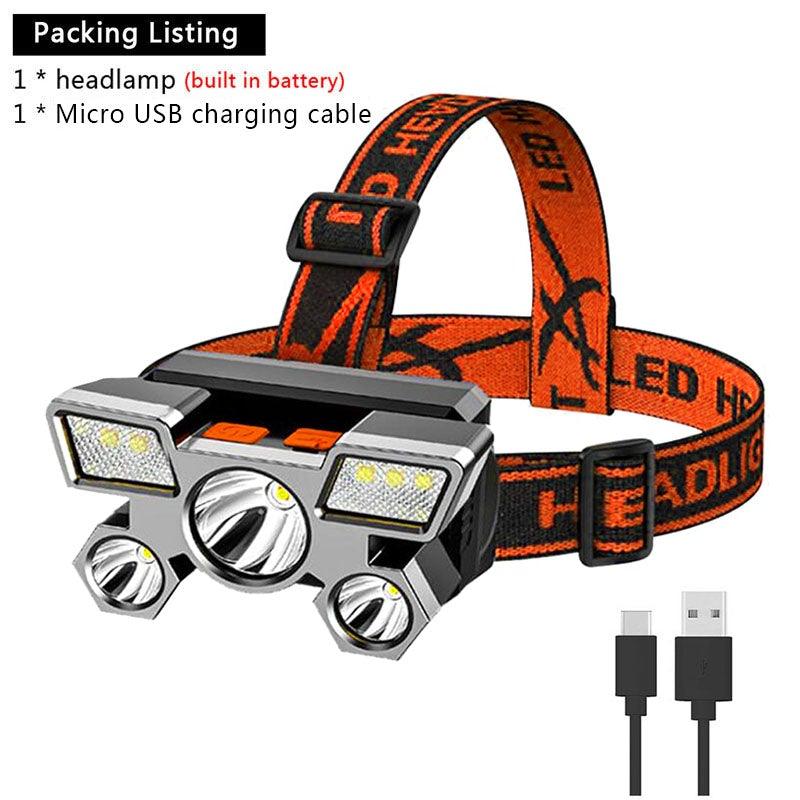 Rechargeable Adjustable  USB 5LED Headlamp with High Lumen Handsfree Waterproof Portable Ability Focusing Ring Headlight Flashlight  Torchlight For Outdoor  Camping Hiking Running Headlight Stevvex