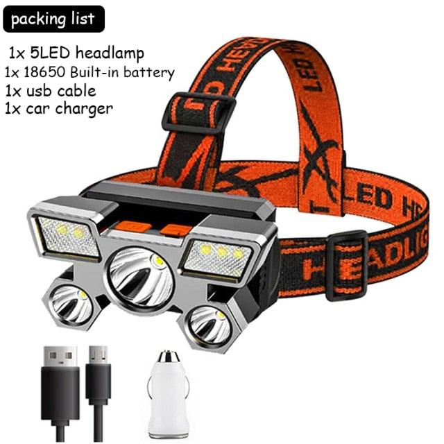 Rechargeable Adjustable  USB 5LED Headlamp with High Lumen Handsfree Waterproof Portable Ability Focusing Ring Headlight Flashlight  Torchlight For Outdoor  Camping Hiking Running Headlight Stevvex