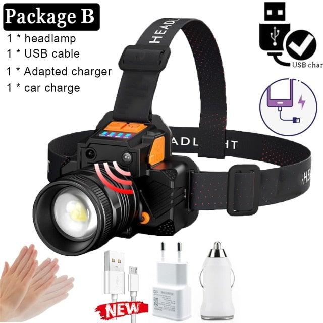 Rechargeable High Lumens Work Headlight Ultra Bright Headlamp LED Headlight Sensor Powerful  Head Lamp Waterproof Flashlight For Adults Running Hiking Camping Fishing Stevvex