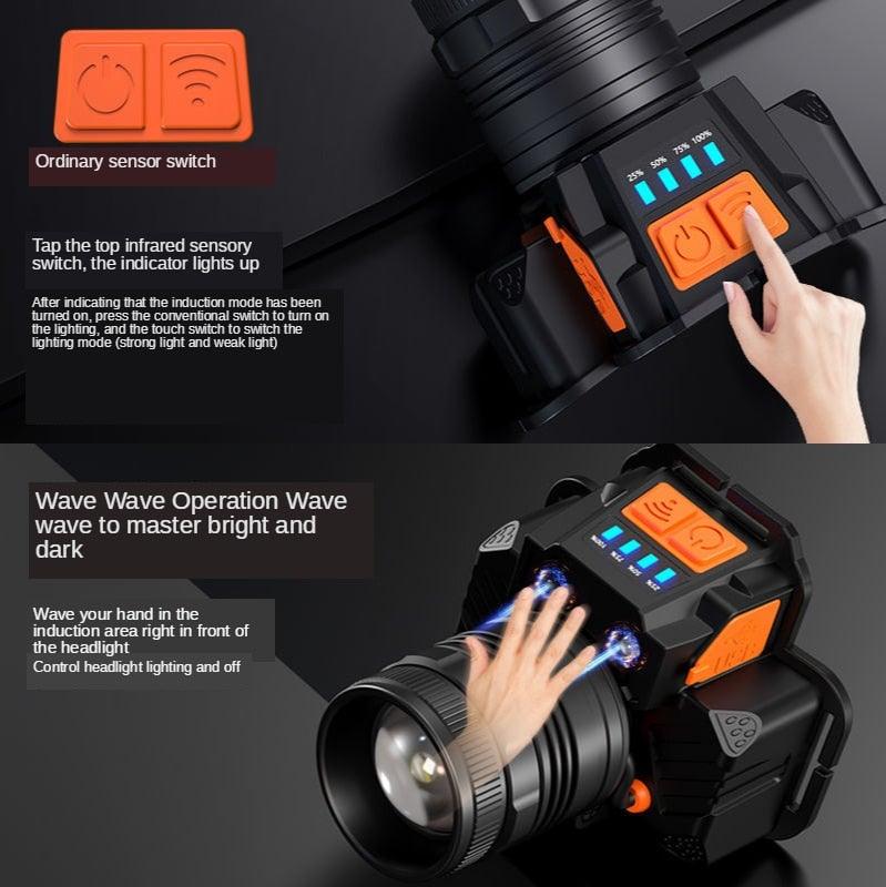Rechargeable High Lumens Work Headlight Ultra Bright Headlamp LED Headlight Sensor Powerful  Head Lamp Waterproof Flashlight For Adults Running Hiking Camping Fishing Stevvex
