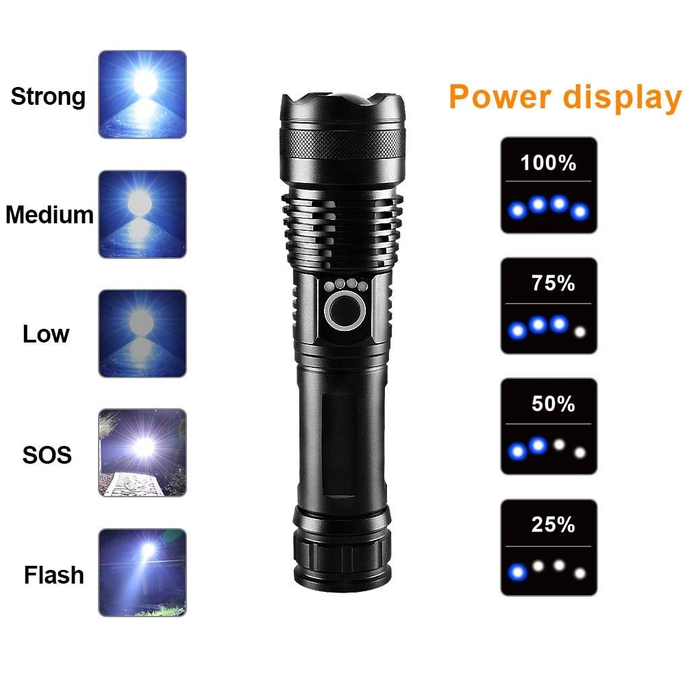 Rechargeable LED Flashlights High Lumens Waterproof Zoomable Super Bright Tactical Flashlight Powerful  USB LED CREE Flashlight  Hand Lamp For Hiking Camping Household Outdoor Sport Stevvex