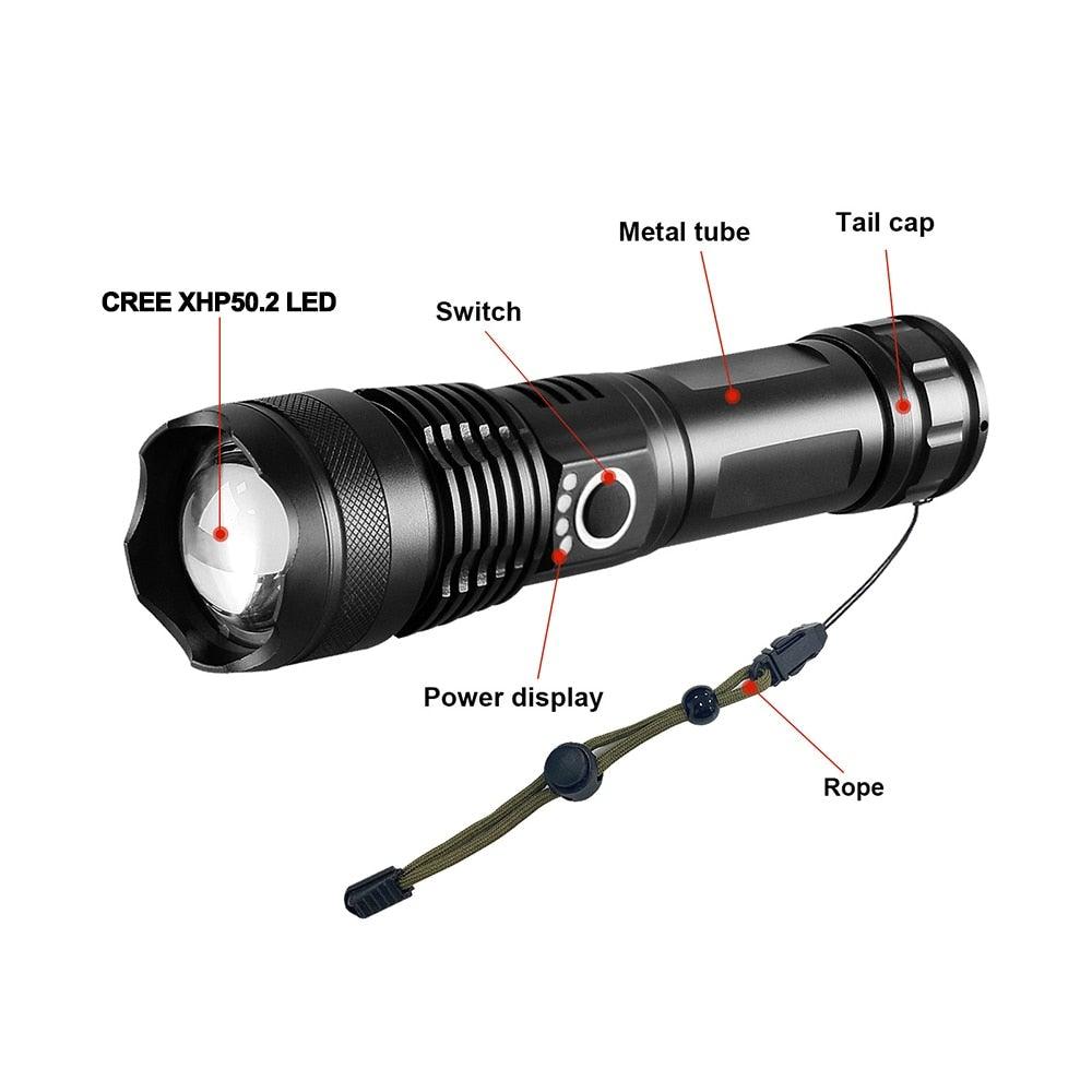 Rechargeable LED Flashlights High Lumens Waterproof Zoomable Super Bright Tactical Flashlight Powerful  USB LED CREE Flashlight  Hand Lamp For Hiking Camping Household Outdoor Sport Stevvex