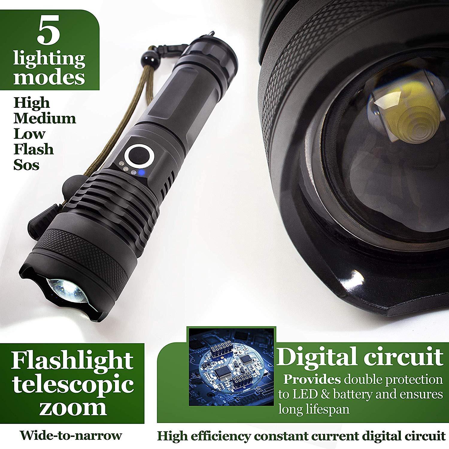 Rechargeable LED Flashlights Waterproof Hnadheld Super Bright High Lumens  Zoomable Powerful Lamp Bead Flashlight Torch For Outdoor & Indoor Camping Running Fishing Hiking Lamp Stevvex