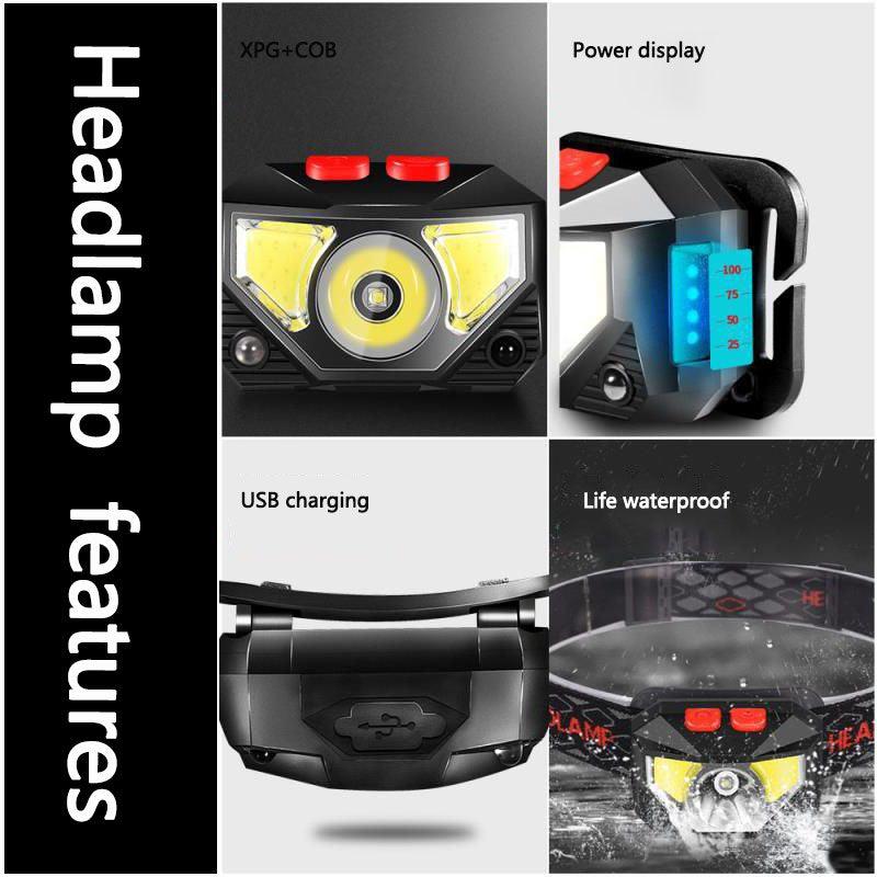 Rechargeable LED Powerfull Headlamp Flashlight USB Waterproof Headlamp Motion Body Sensor Headlight For Adults & Kids Camping Flashlight Outdoors Camping Running Biking Fishing Stevvex