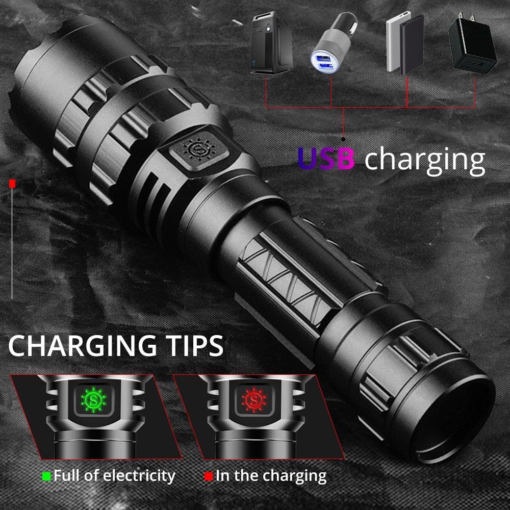 Rechargeable  LED Tactical Flashlights Waterproof Powerful High Lumen Super  Bright Power LED Aluminum Flashlight For Hiking Outdoor Camping Fishing Jogging Running HouseholdPowerful Light Stevvex