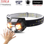Rechargeable Powerful USB LED High Lumen Headlamp Ultra-Light Bright Headlight Waterproof Sensor Head Light  For Outdoors Camping Running Hiking Biking Fishing Stevvex