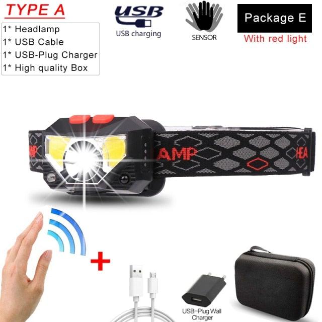 Rechargeable Powerful USB LED High Lumen Headlamp Ultra-Light Bright Headlight Waterproof Sensor Head Light  For Outdoors Camping Running Hiking Biking Fishing Stevvex