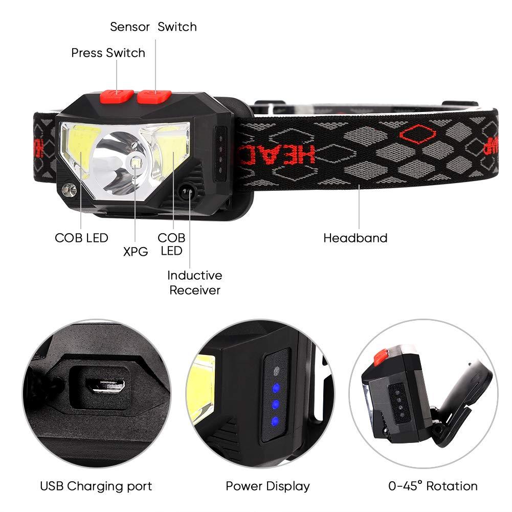 Rechargeable Powerful USB LED High Lumen Headlamp Ultra-Light Bright Headlight Waterproof Sensor Head Light  For Outdoors Camping Running Hiking Biking Fishing Stevvex