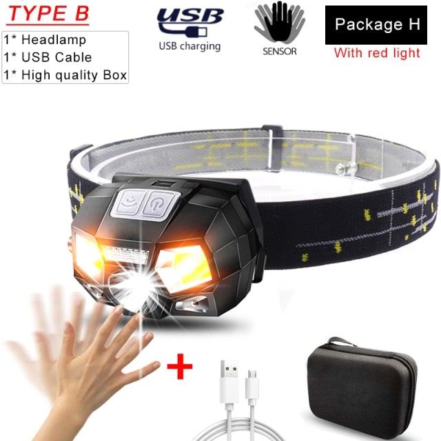Rechargeable Powerful USB LED High Lumen Headlamp Ultra-Light Bright Headlight Waterproof Sensor Head Light  For Outdoors Camping Running Hiking Biking Fishing Stevvex